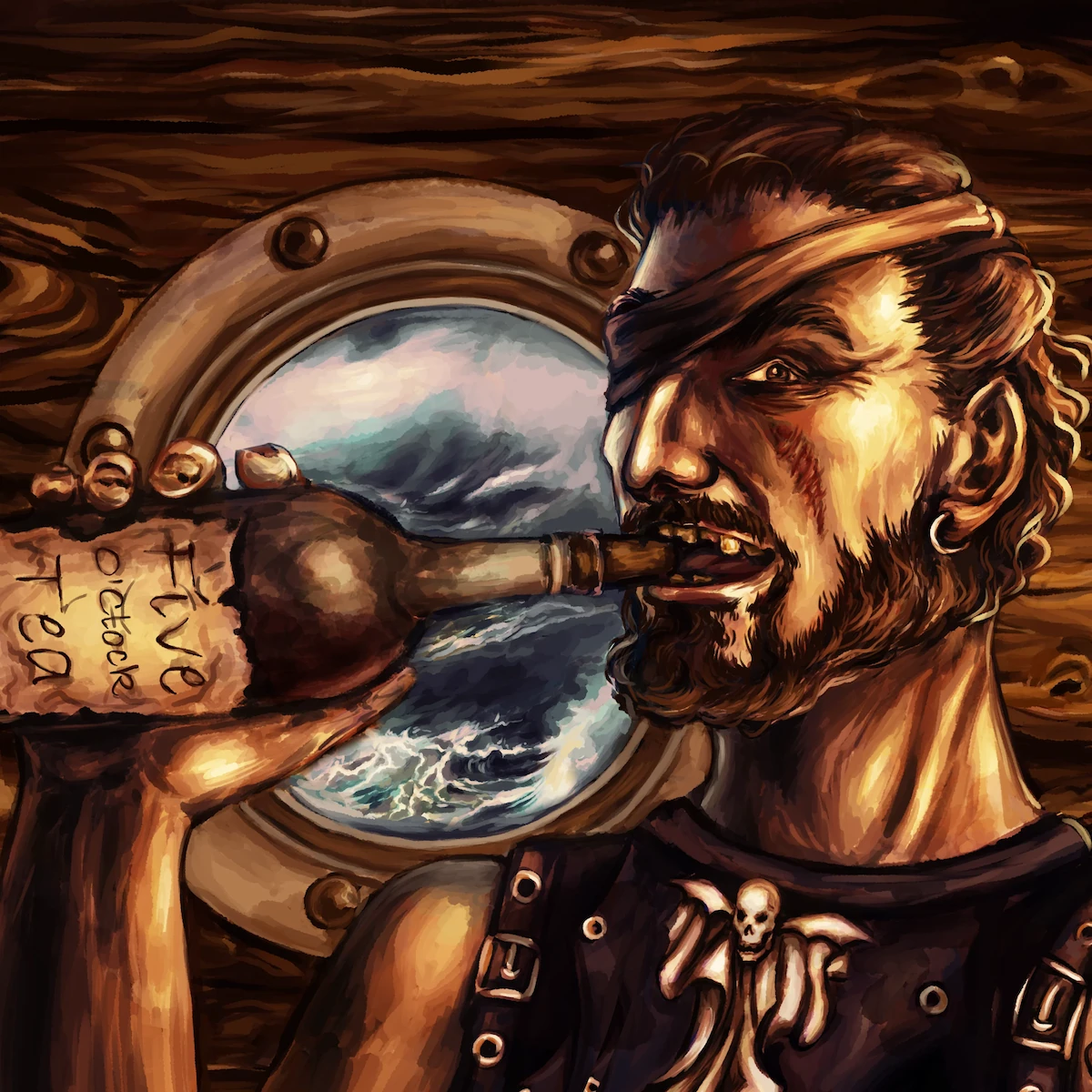 Jake, The Snake artwork featuring a colourful pirate outlaw character drinking from a bottle of rum, with a snake tattooed on his arm